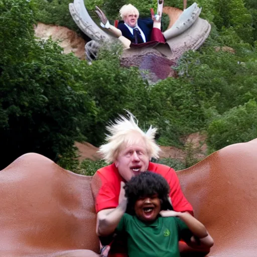 Image similar to Boris Johnson having the time of his life sitting alone riding splash mountain , Photographed by the ride