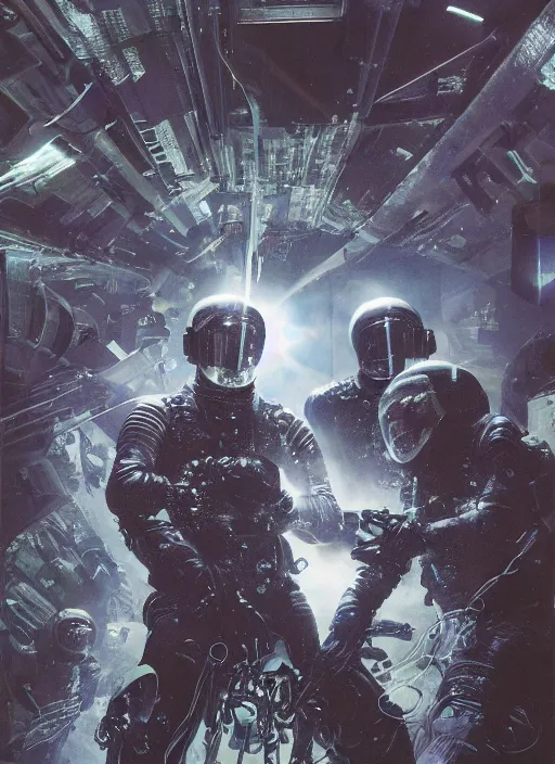 Image similar to astronauts in dark void underwater - complex and hyperdetailed technical suit design. reflection and dispersion materials. rays and dispersion of light. volumetric light. f / 3 2. noise film photo. flash photography. ultra realistic, 5 0 mm. poster by wayne barlowe, hajime sorayama aaron horkey, craig mullins