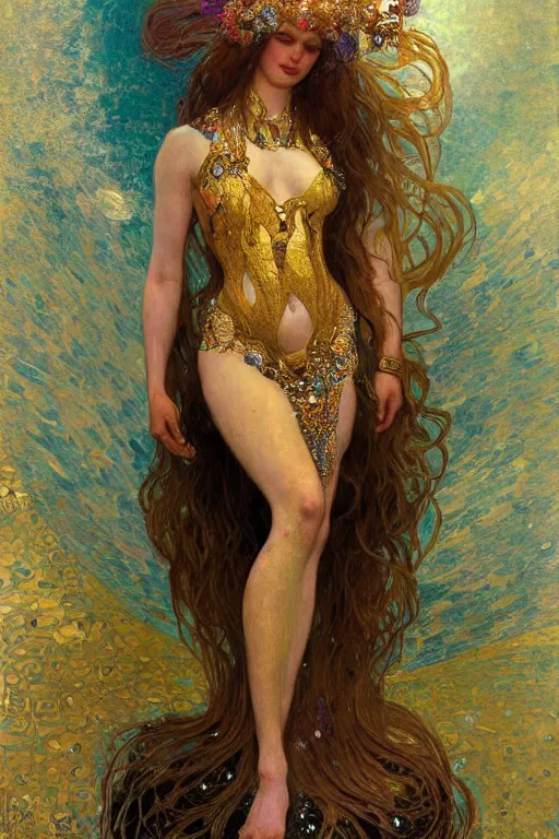 Prompt: an intricate painting of a beautiful young mermaid with klimt golden motives and textures, hyper detailed, ornamental gold headpiece, octane render, vivid colors, artstation, by jeremy mann, by alphonse mucha, by boris vallejo