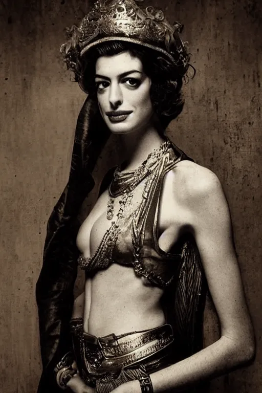 Prompt: anne hathaway, queen, portrait, full body, symmetrical features, silver iodide, 1 8 8 0 photograph, sepia tone, aged paper, sergio leone, master prime lenses, cinematic