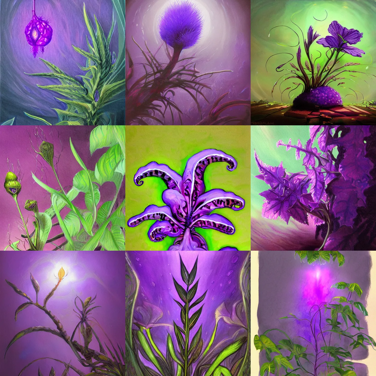 Prompt: a painting of a plant with a purple light in it, an illustration of by John Blanche, featured on deviantart, fantasy art, photoillustration, digital illustration, official art