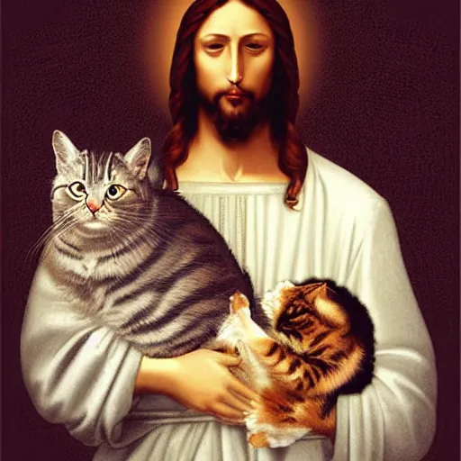 Image similar to portrait of jesus holding a cute cat, digital art, by leonardo da vinci