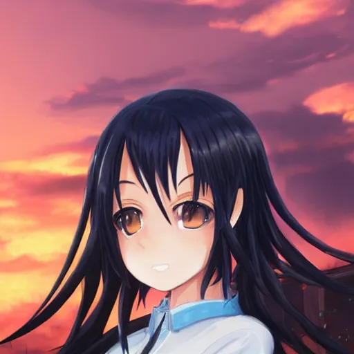 Image similar to black - haired anime girl, 1 7 - year - old anime girl with long bob cut, gothic jacket, golden hour, partly cloudy sky, red clouds, orange sky, strong lighting, strong shadows, vivid hues, ultra - realistic, sharp details, subsurface scattering, intricate details, art by artgerm, greg rutkowski, 2 0 1 9 anime screenshot