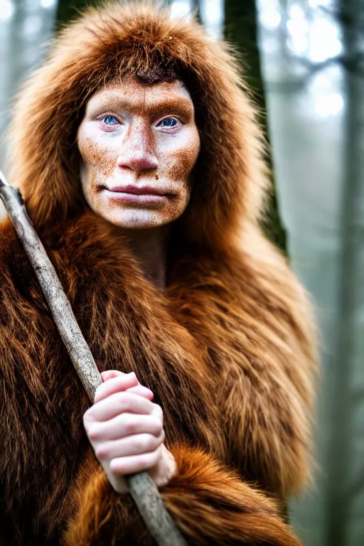 Image similar to a professional portrait photo of a gentle strong neanderthal woman in the forest in winter holding a spear, freckles and mud on face, black stripe painted side to side across her eyes, ginger hair and fur, extremely high fidelity, natural lighting,