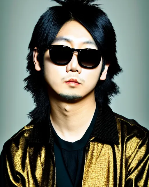 Prompt: realistic photography portrait of young japanese male rock singer without beard, with black sunglasses with a black mullet, golden hour lighing, intricate, elegant, highly detailed, sharp focus,