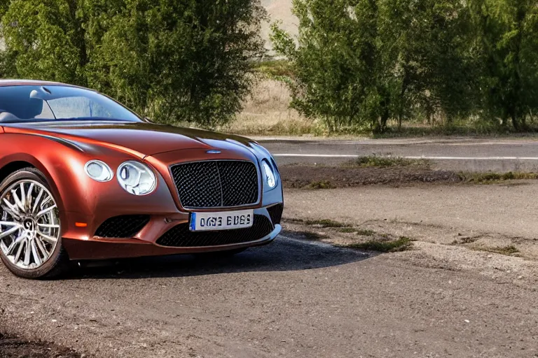 Image similar to modern rusty Bentley Continental GT without gloss no reflections drives along the road of an old Russian village with houses at the edges