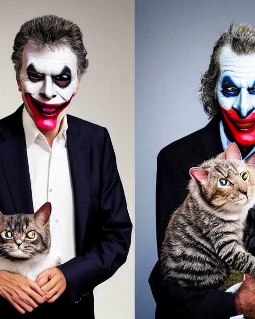 Image similar to Mauricio Macri in Elaborate Joker Makeup and prosthetics designed by Rick Baker, Hyperreal, Head Shots Photographed in the Style of Annie Leibovitz, Studio Lighting, Mauricio Macri with a cat in his hand