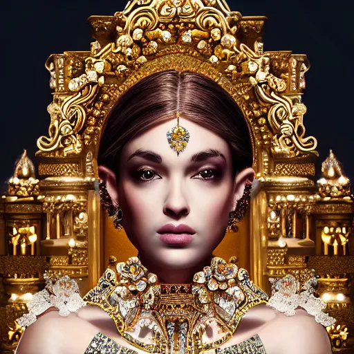 Image similar to portrait of pretty princess with perfect skin, glowing, ornate and intricate diamond jewelry, jaw dropping beauty, ornate and intricate backdrop, white accent lighting, hyper detailed, 4 k octane render