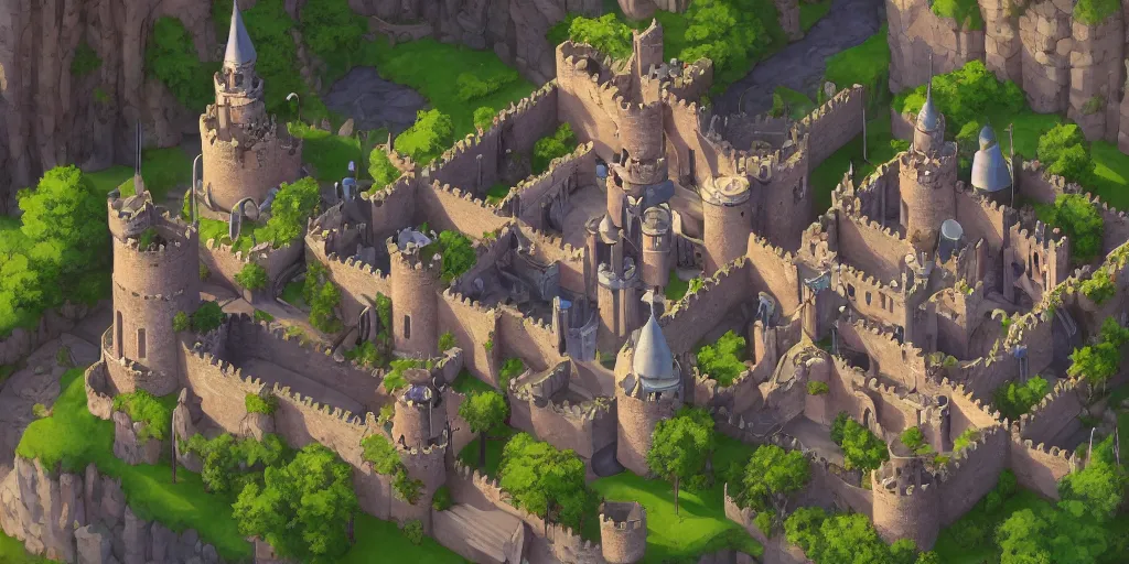 Image similar to rpg isometric top view of a lovely anime medieval fantasy castle!! jrpg!! cory loftis, james gilleard, atey ghailan, makoto shinkai, goro fujita, studio ghibli, rim light, exquisite lighting, clear focus, very coherent, plain background, soft painting