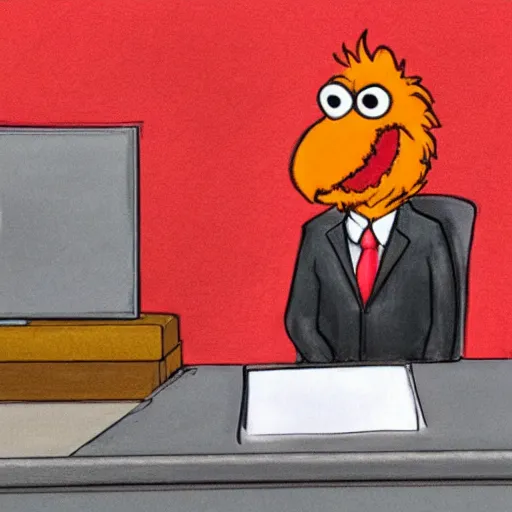 Image similar to elmo testifying in court, being defended by saul goodman, courtroom sketch