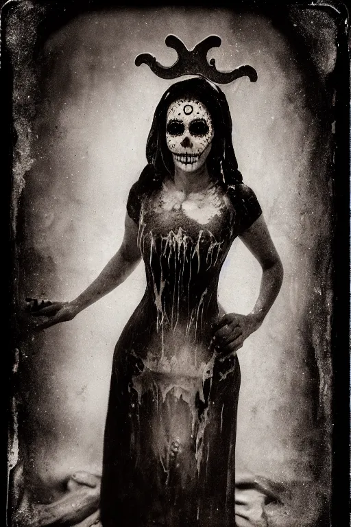 Image similar to wet collodion process, tintype virgin mary in dia de muertos dress and make up, horrific beautiful vibe, evocative, atmospheric lighting, painted, intricate, highly detailed, leesha hannigan, wayne haag, reyna rochin, ignacio fernandez rios, mark ryden, iris van herpen, stunning, gorgeous, sharp focus, cinematic, masterpiece