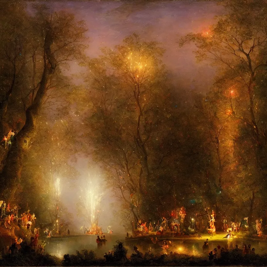 Prompt: a night carnival around a magical tree cavity, with a surreal orange moonlight and fireworks in the background, next to a lake with iridiscent water, christmas lights, folklore animals and people disguised as fantastic creatures in a magical forest by summer night, masterpiece painted by william beechey, dark night environment