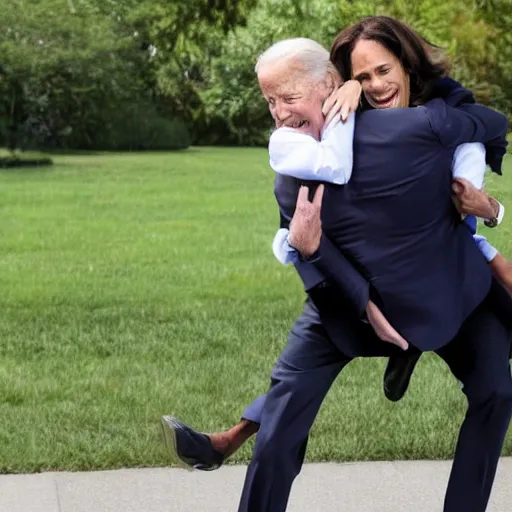 Image similar to biden getting a piggyback ride from kamala harris