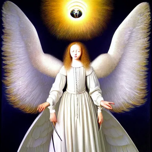 Image similar to highdetailed hyperrealistic painting of white angel!!! no gender!!!, giant ball of miracle light from the chest!!!!!, 4 k hd fur face!!!, big wings, by jan van eyck, holography space, white sparkles everywhere, thin strokes, high textures