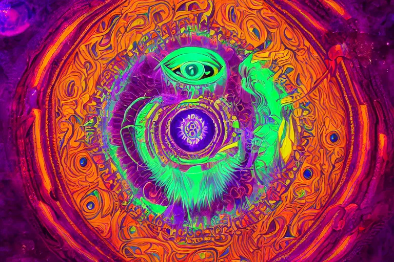 Image similar to third - eye visions, psychedelic art, artist interpretation, psychedelic interpretation, golden ratio, centered, hallucinatory art, artstation hd, 4 k