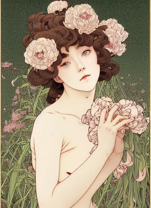 Image similar to young blond girl, macabre dark goddess of pearls and peonies, with long curly, hazelnut hair, perfectly proportioned face, brown eyes, sweet smile, strong jawline, by takato yamamoto, natural lighting, path traced, highly detailed, high quality, cartoon, digital painting, by new haicheng and studio ghibli, alphonse mucha