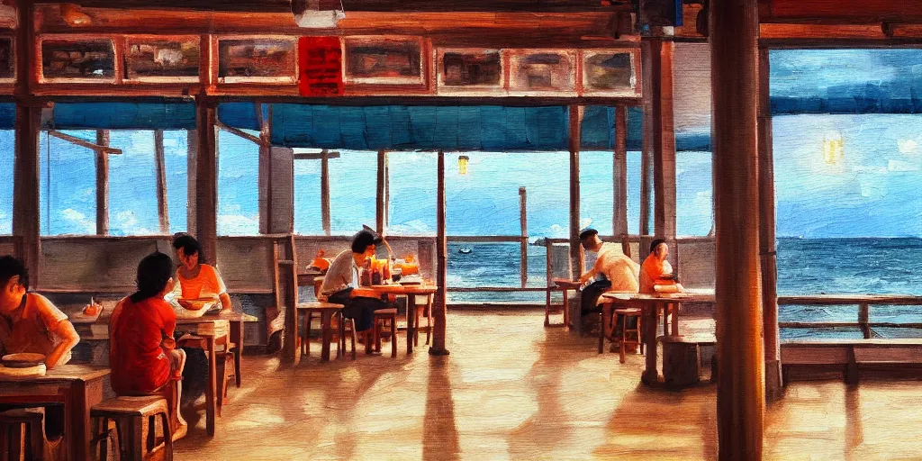 Image similar to interior of a small kopitiam at pulau indah fishing village, near a jetty, early morning, detailed ultrarealisitic painting, low angle view, telephoto lens, bokeh, studio ghibli, artstation