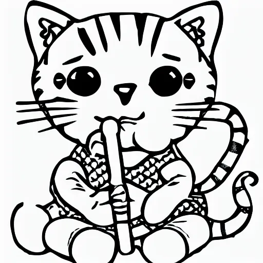 Prompt: Coloring page of cute kitten knitting