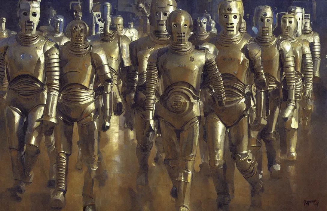 Prompt: the march of the cybermen, detailed painting, epic lighting, by ilya repin, phil hale and kent williams