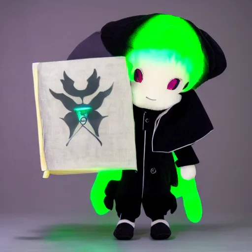 Prompt: cute fumo plush of a boy holding a large book of forbidden spellcasting, particle simulation, eerie glow, black and white with green lighting,