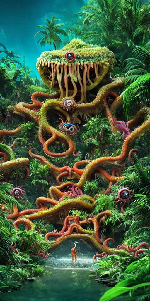 Image similar to of a tropical rainforest lake with strange cute friendly happy creatures with huge eyes, mouth, long tongue, round teeth and tentacles appearing from sandy coral, in the style of gehry and gaudi, macro lens, shallow depth of field, ultra detailed, digital painting, trending artstation, concept art, illustration, cinematic lighting, photorealism, epic, octane render