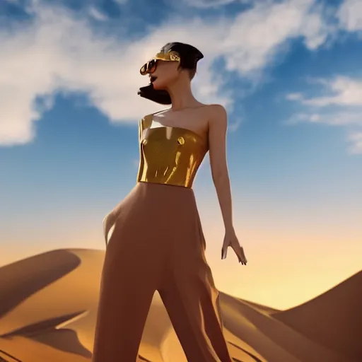 Image similar to innovative avant-garde art, deco fashion, asian women, highly detailed, photorealistic portrait, serene desert setting, golden hour, crisp quality and light reflections, unreal engine 5 quality render