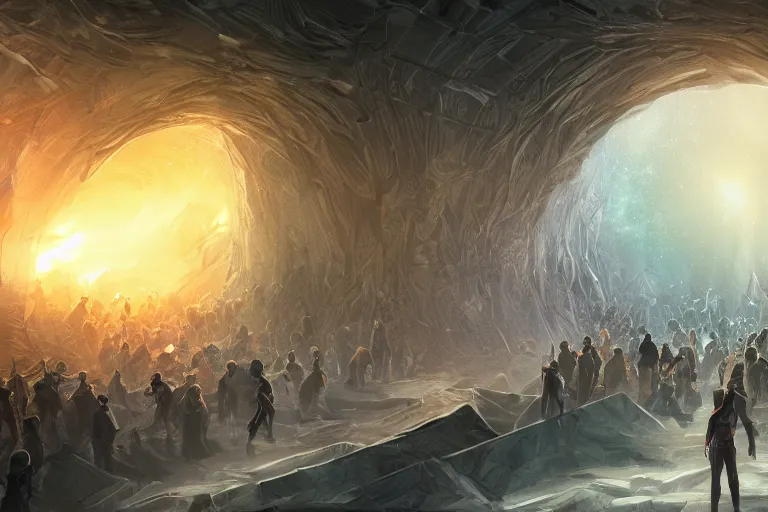 Image similar to a line of people entering a huge dimensional portal, digital painting, mixed media, trending on artstation and deviantart, epic composition, highly detailed, 8 k