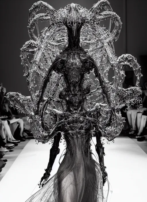 Image similar to walking down the catwalk, ben watts, show, stage, vogue photo, podium, fashion show photo, historical baroque dress dark, iris van herpen, beautiful woman, masterpiece, intricate, biopunk, vogue, full body shot, alien, plant predator, guyver, jellyfish, white biomechanical details, highly detailed