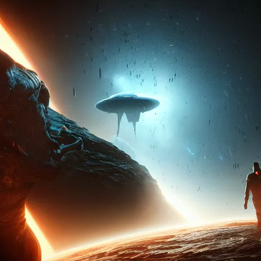 Image similar to a horrified man on a spaceship face to face with an alien from another galaxy, volumetric lighting, 8 k octane beautifully detailed render, post - processing, extremely hyper - detailed, intricate, epic composition, cinematic lighting, masterpiece, trending on artstation, detailed detailed detailed, masterpiece, beautiful cinematic light,