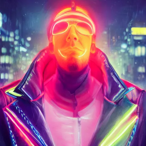 Prompt: a beautiful commission portrait of a male mustache canary wearing a neon jacket, futuristic, detailed face, cyberpunk city, deviantart, artstation, art by greg rutkowski, ross tran, professional lighting, neon city, night, raytracing, highly realistic,4k,dramatic,hyperrealism