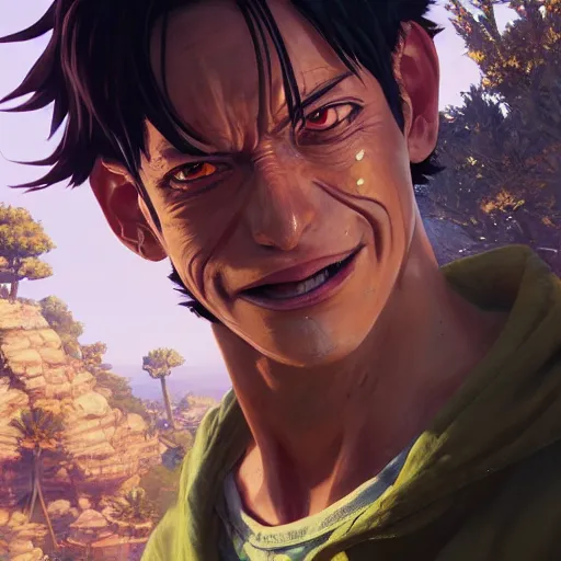 Image similar to highly detailed portrait luffy in gta v, stephen bliss, unreal engine, fantasy art by greg rutkowski, loish, rhads, ferdinand knab, makoto shinkai and lois van baarle, ilya kuvshinov, rossdraws, tom bagshaw, global illumination, radiant light, detailed and intricate environment