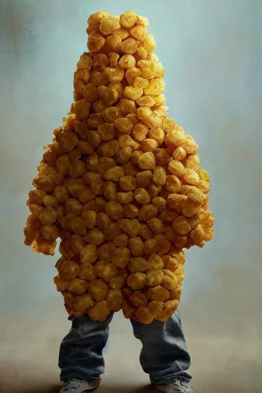 Image similar to channing tatum wearing a tater tot costume, oil on canvas, intricate, 8 k highly professionally detailed, hdr, cgsociety