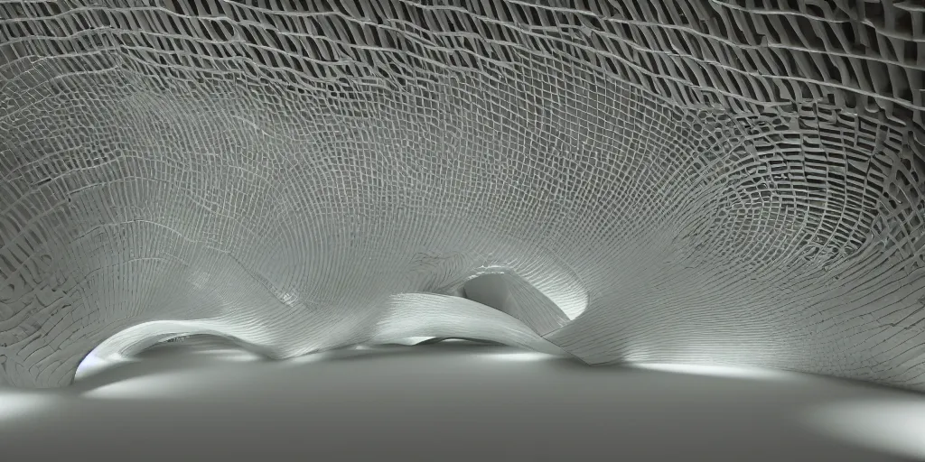 Image similar to extremely detailed stunning beautiful futuristic smooth curvilinear museum interior, translucent gills, hyper real, 8k, 3D cinematic volumetric light, atmospheric light