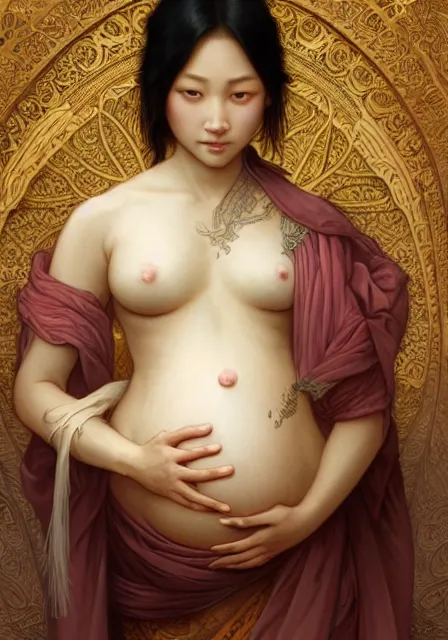 Image similar to pregnant asian male, handsome, intricate, elegant, highly detailed, digital painting, artstation, concept art, smooth, sharp focus, illustration, art by artgerm and greg rutkowski and alphonse mucha and william - adolphe bouguereau