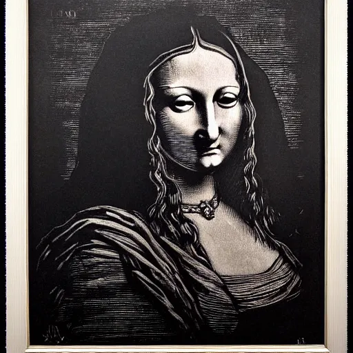 Prompt: monalisa in the style of Gustave Doré!!!!!!!!!!, Etching, oil on canvas, by Gustave Doré!!!!!!!!!!