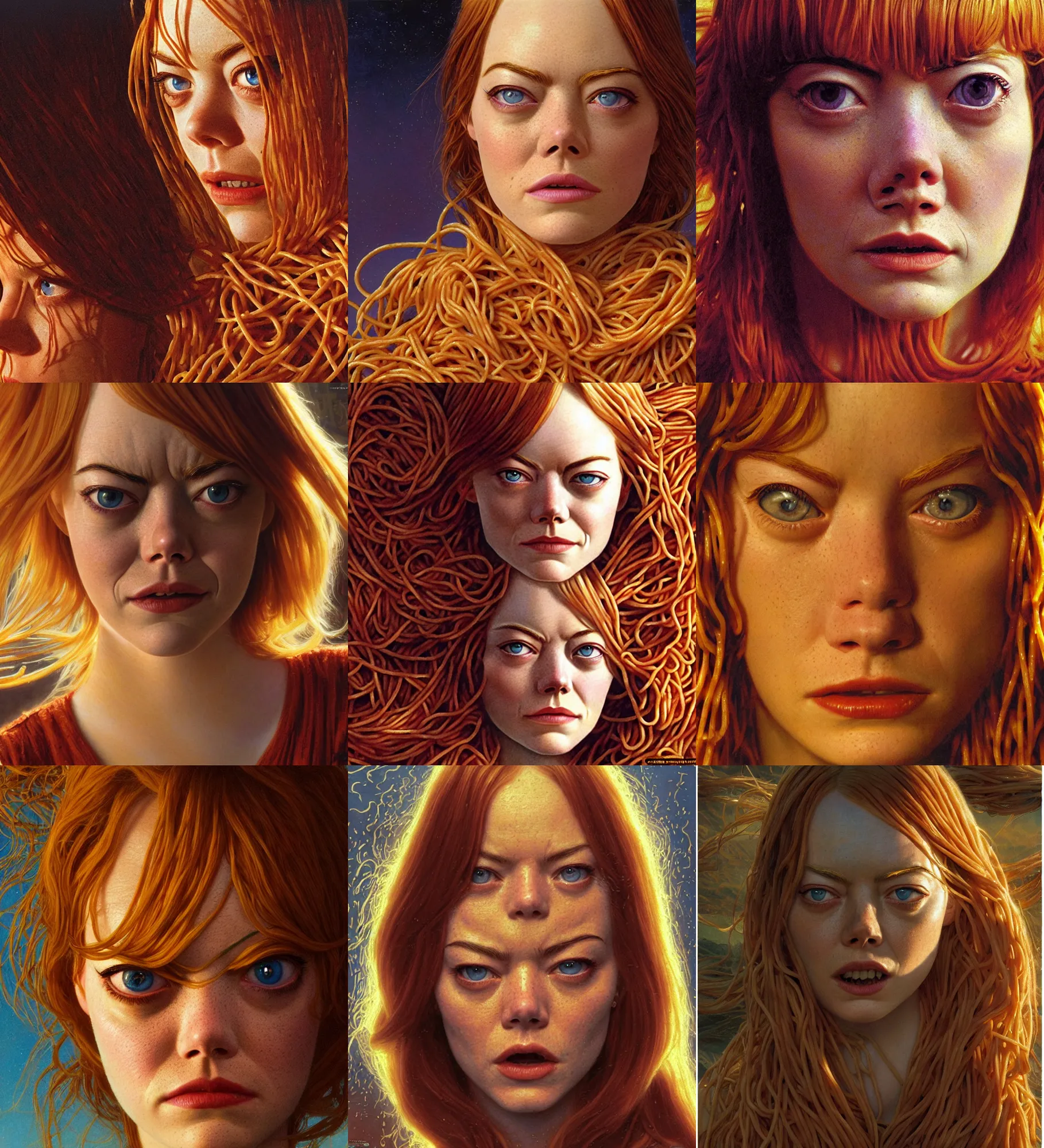 Prompt: emma stone's face completely consisting of and totally made from spaghetti pasta, epic composition, 2 0 0 mm focal length, donato giancola, tim hildebrandt, wayne barlow, bruce pennington, larry elmore