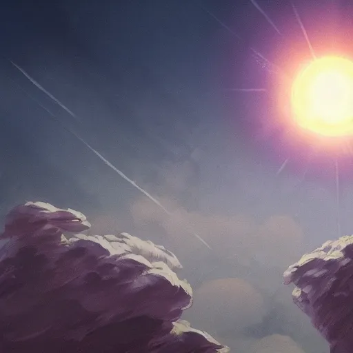 Image similar to concept art painting of a sky with three suns, realistic, detailed, cel shaded, in the style of greg rutkowski