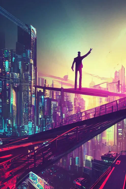 Image similar to a man standing on top of a bridge over a city, cyberpunk art by vincent lefevre, behance contest winner, altermodern, cityscape, synthwave, matte painting