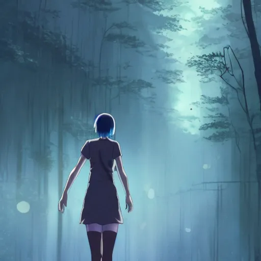 Prompt: anime, incredible wide screenshot, ultrawide, watercolor, studio ghibli, rough paper texture, ghost in the shell movie scene, girl in a dress walking through the beautiful forest, outdoors, fireflies!!!!, fog, dust