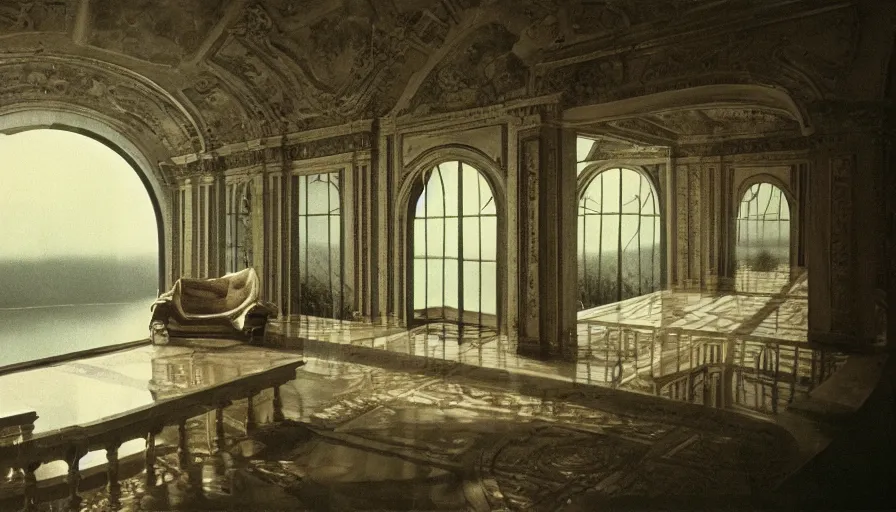 Prompt: 1 9 7 0 s movie still by andrei tarkovsky of a noneuclidian palace with a lake in the middle, by piranesi, panoramic, ultra wide lens, cinematic light, flare, anamorphic