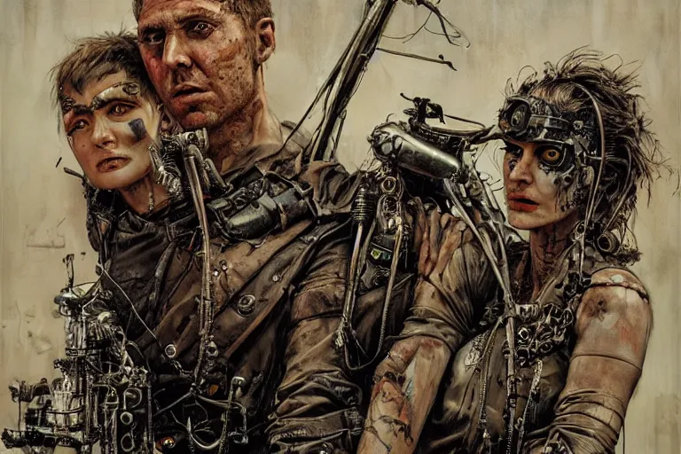 Image similar to mad max rockatansky fury road by brendan mccarthywires cybernetic implants, steelpunk, abandoned steelworks, grime and grunge, in the style of adrian ghenie, esao andrews, jenny saville,, surrealism, dark art by james jean, takato yamamoto