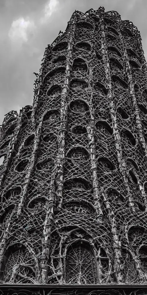 Prompt: a professional photograph of a very beautiful beautiful modern building by Louis Sullivan and H.R. Giger covered in black ironwork vines, Chiaroscuro, layers of colorful reflections, rusticated stone base, rusticated stone base, rusticated stone base, a dramatic sky, crowds of people climb the building, a dramatic sky, crowds of people , Sigma 75mm, ornate, very detailed, Symmetrical composition, centered, intricate, panoramic, Dynamic Range, HDR, chromatic aberration, Orton effect, 8k, photo by Marc Adamus, painting by Jeremy Mann, cinematic, vignette, vignette tilt-shift, bokeh , artstation