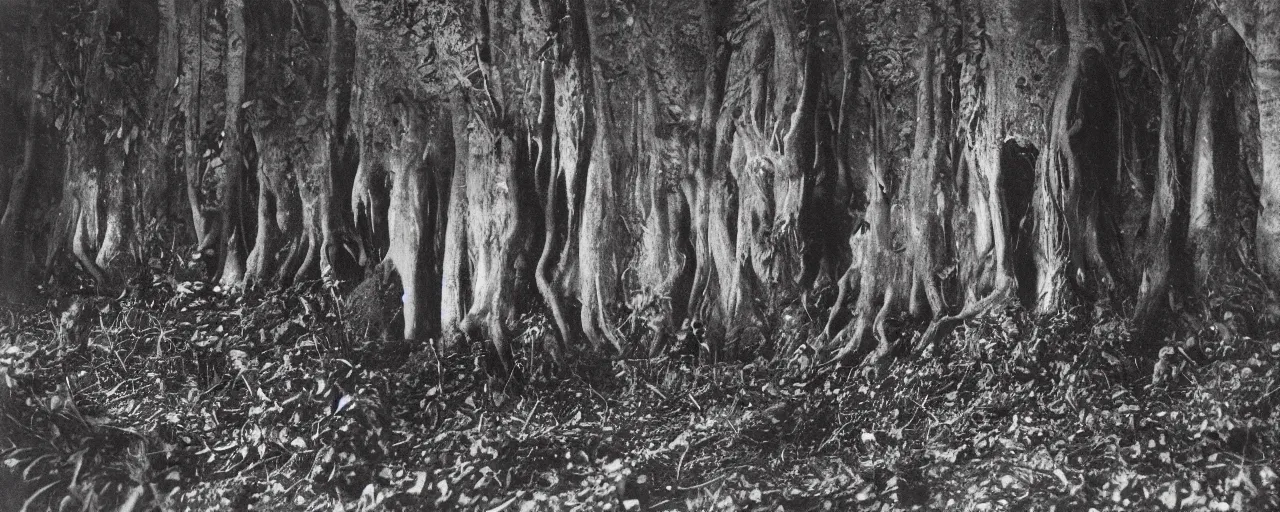 Image similar to 1920s photography of occult humanlike root creatures creeping and lurking in dark forest in the dolomites