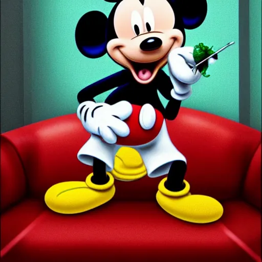 Prompt: mickey mouse holding a cannabis glass bong while sitting on a couch in a messed up apartment, digital art, highly detailed, artstation, sharp