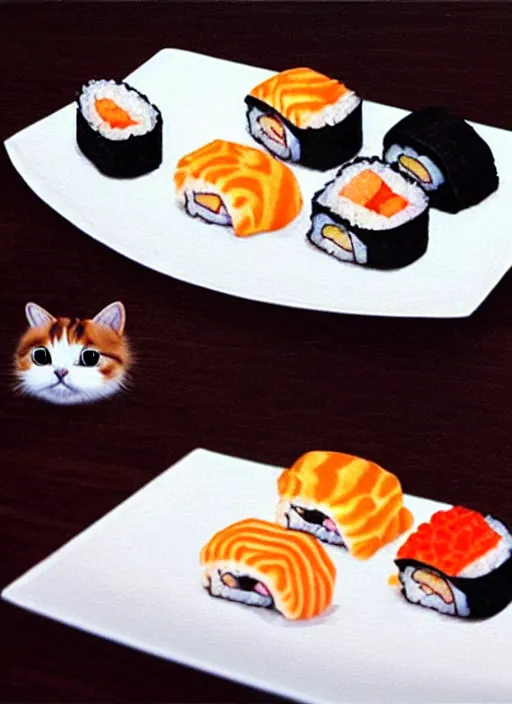 Image similar to clear photorealistic picture of adorable cats made out of sushi