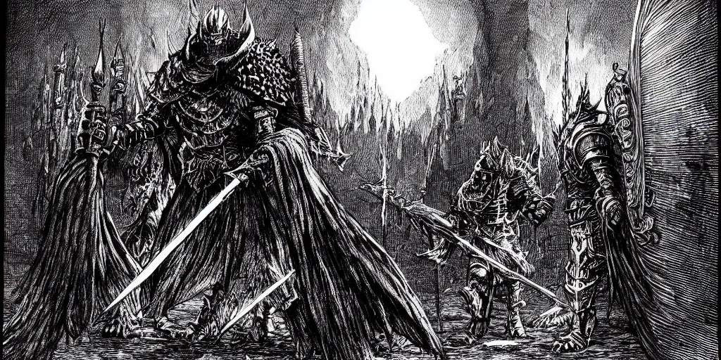 Prompt: dark souls dramatic boss encounter, pen-and-ink illustration by Franklin Booth, fish eye lens