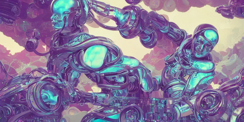 Prompt: scifi chrome automaton greek sculpture of intertwined bodies and machines painted by james jean in pastel colors. artwork by Tooth Wu and wlop and beeple and dan mumford and greg rutkowski and nekroxiii. halo. octane render, cinematic, hyper realism, redshift render, 8k, depth of field, bokeh. iridescent accents. vibrant.