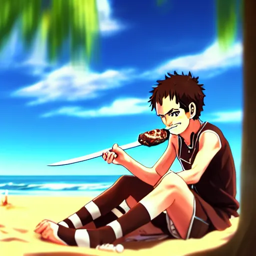 Image similar to andy murray eating chocolate on the beach, sunshine, illustration, style of sword art online, trending on artstation