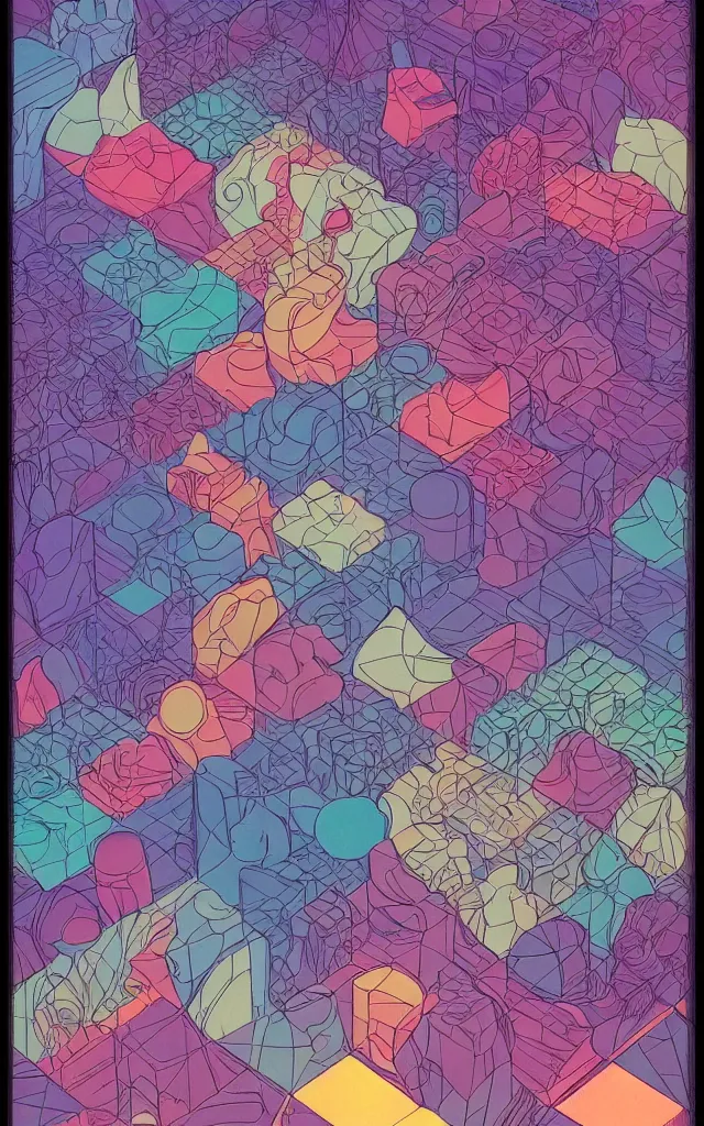 Image similar to cubes and tesseracts. retro art by jean giraud. pastel colors.