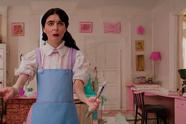 Image similar to mid-shot of as a maid in the new movie directed by Wes Anderson, symmetrical shot, idiosyncratic, relentlessly detailed, pastel, limited pastel colour palette, detailed face, movie still frame, promotional image, imax 70 mm footage, Javi Aznarez